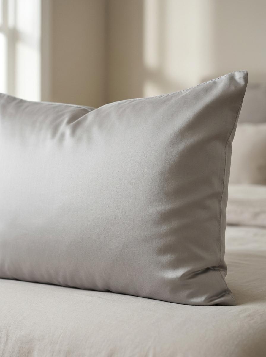 Gros plan sur une taie d'oreiller en satin de coton lisse et soyeuse, évoquant la douceur et le confort pour la peau.