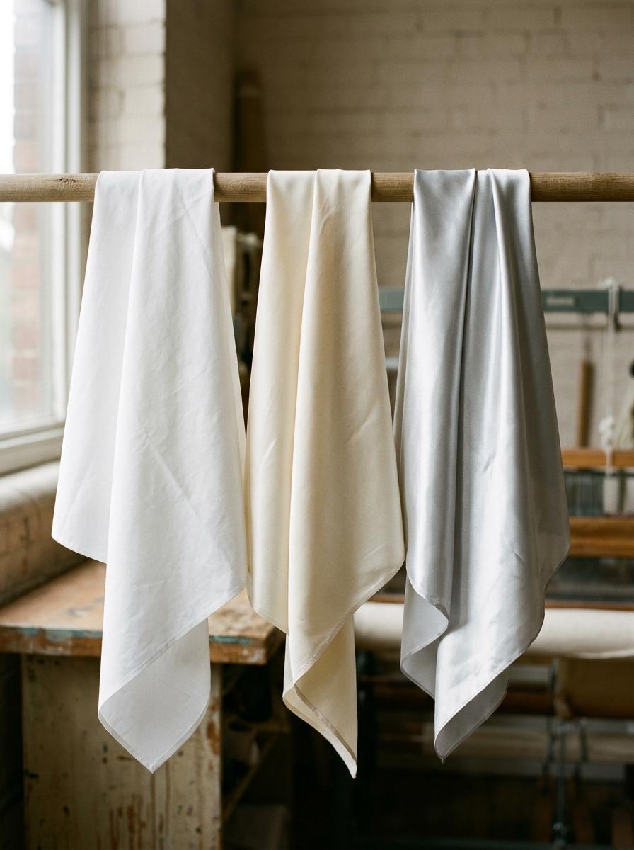Comparaison de trois tissus : la percale de coton mate, le satin de coton à l'éclat subtil, et la soie brillante.