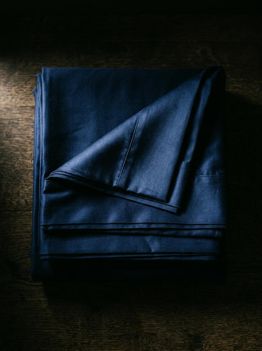 Vue de dessus d'une pile de draps en satin de coton de haute qualité, montrant leur épaisseur et leur tissage dense.