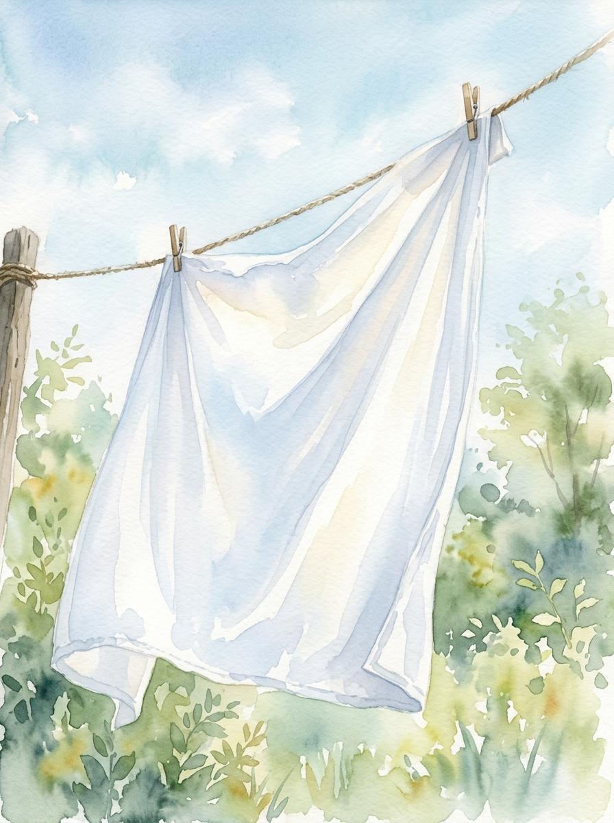 Illustration à l'aquarelle d'un drap en satin de coton blanc séchant à l'air libre sur une corde à linge.