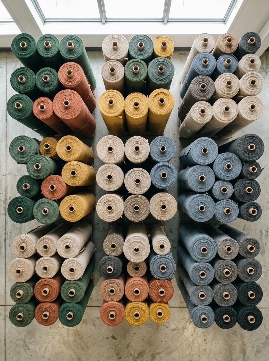 Vue de dessus de rouleaux de tissus recyclés, empilés et prêts pour une nouvelle production, illustrant l'avenir de l'industrie circulaire.