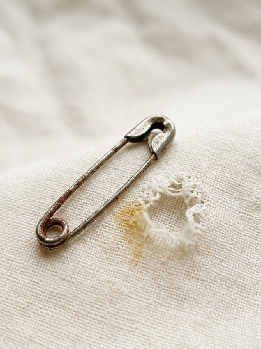 Photo macro d'une épingle à nourrice rouillée posée à côté d'un petit trou et d'une tache de rouille sur un tissu en coton blanc, illustrant un mauvais conseil.