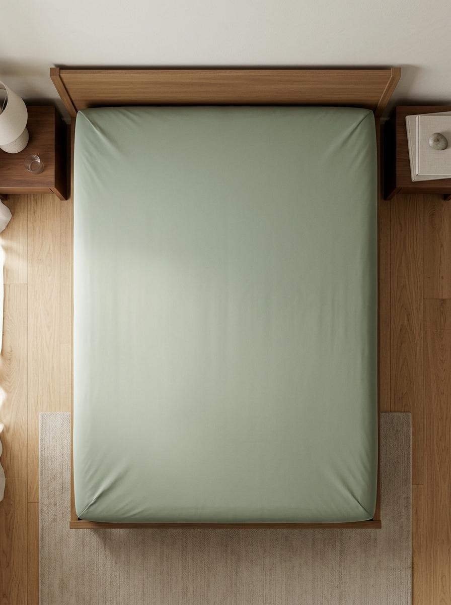 Vue de dessus d'un lit parfaitement fait avec un drap-housse vert sauge, lisse et tendu, symbolisant une solution stable et une nuit sereine.