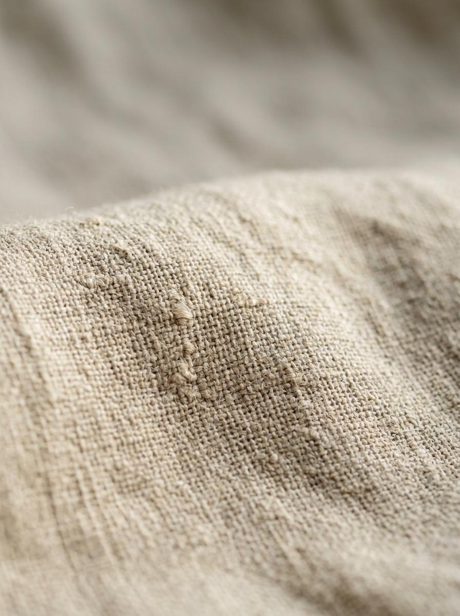 Une photo macro de la texture d'un tissu en lin naturel, montrant le détail du tissage, les fibres et les plis doux et naturels.