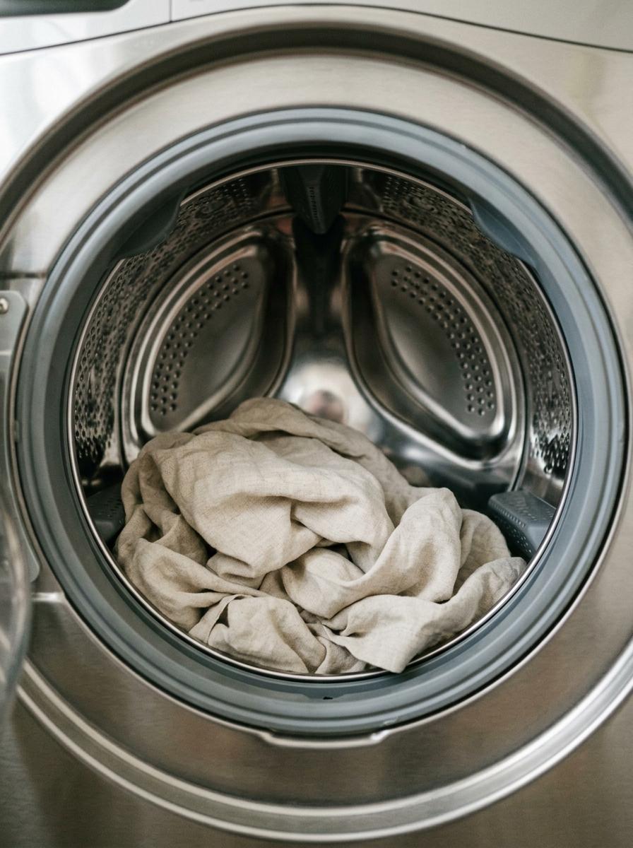 L'intérieur d'un tambour de machine à laver moderne contenant une seule parure de draps en lin, montrant qu'il n'est pas surchargé.
