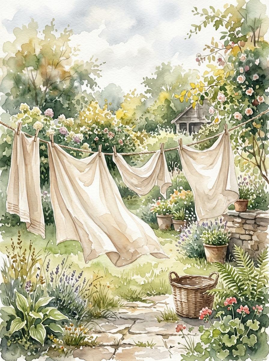 Une illustration à l'aquarelle de draps en lin séchant à l'air libre sur une corde à linge dans un jardin paisible.