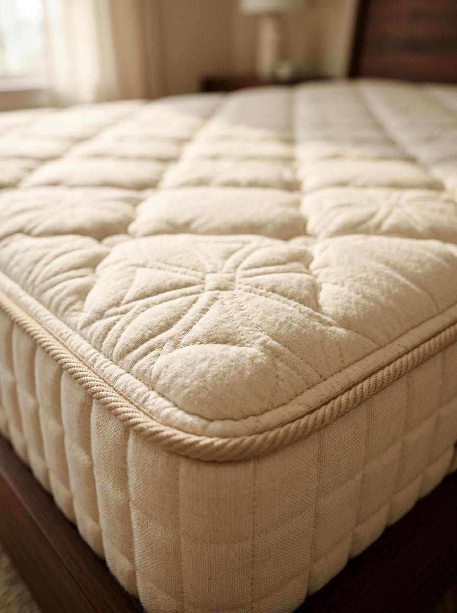Gros plan sur le tissu matelassé et la texture douce d'un matelas de haute qualité.