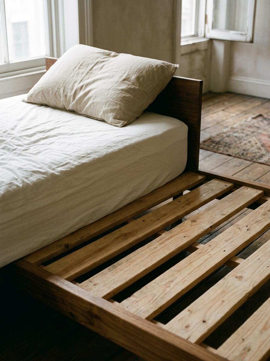Un plan rapproché montrant les lattes d'un sommier, un matelas et un oreiller, formant un système de couchage complet.