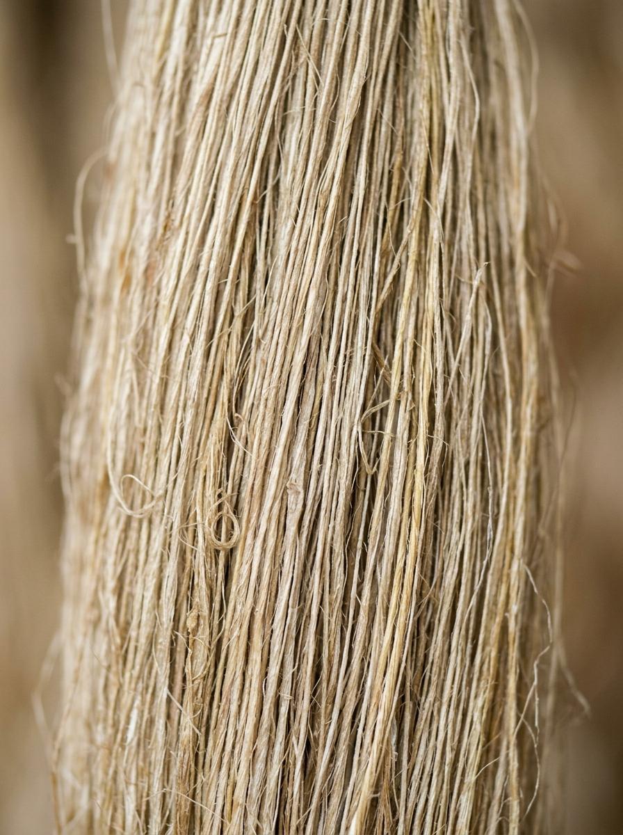 Gros plan sur des fibres de lin brutes et naturelles, montrant leur texture et leur couleur terreuse.