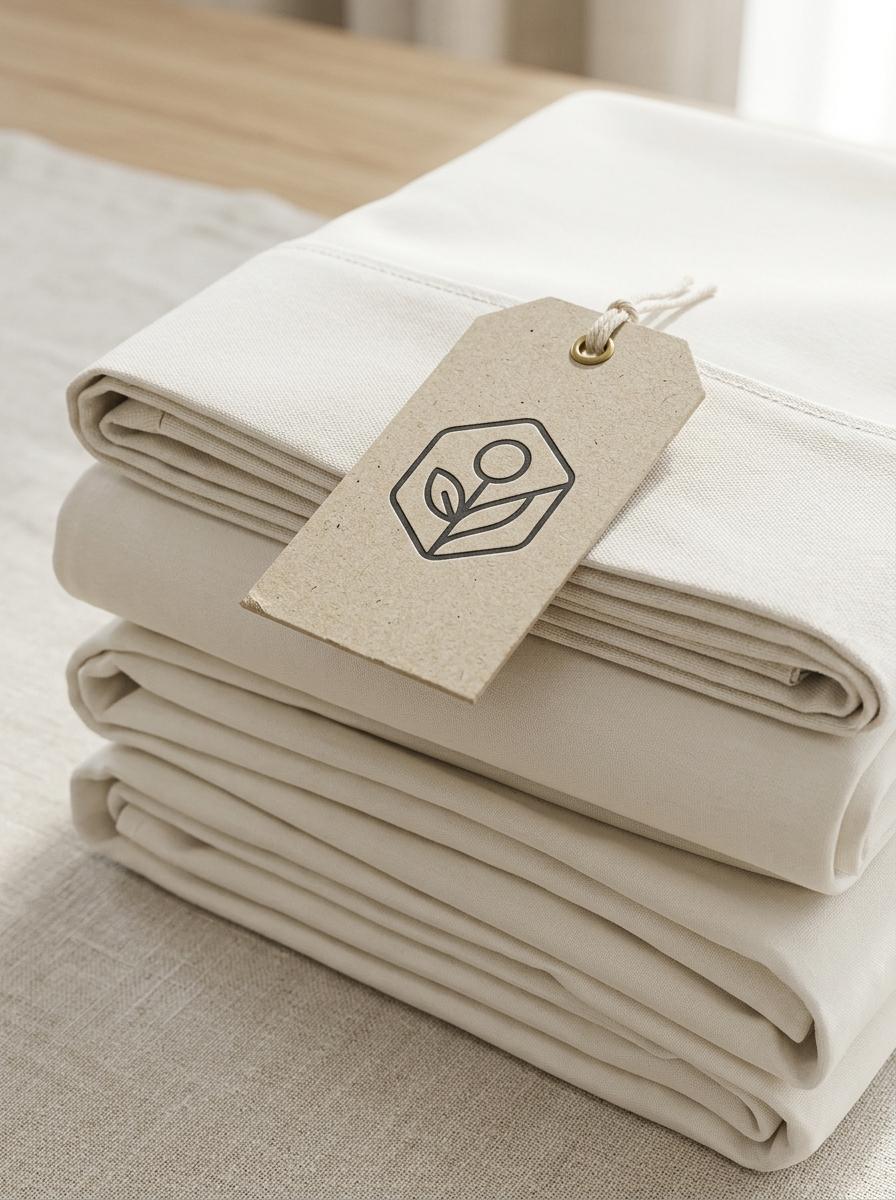 Pile de draps en coton éthique avec une étiquette moderne et épurée, évoquant un passeport numérique de produit.