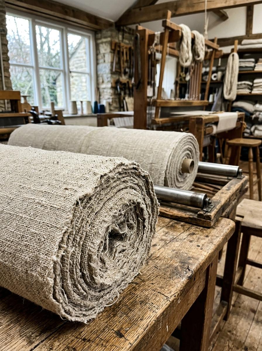 Rouleau de tissu en lin brut dans un atelier de tissage, la lumière soulignant la qualité de la trame.