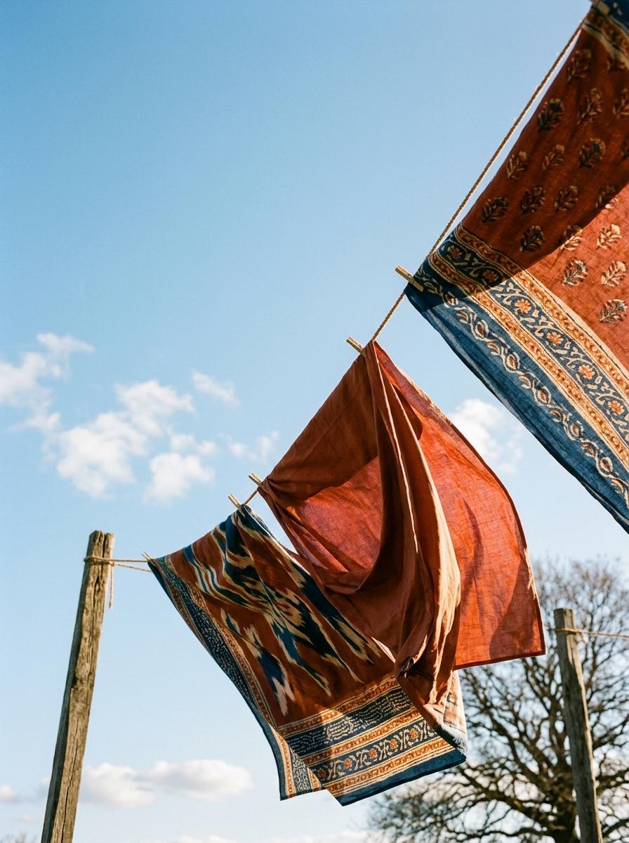 Des draps de couleur vive séchant à l'air libre sur une corde à linge, flottant doucement dans la brise sous un ciel bleu.