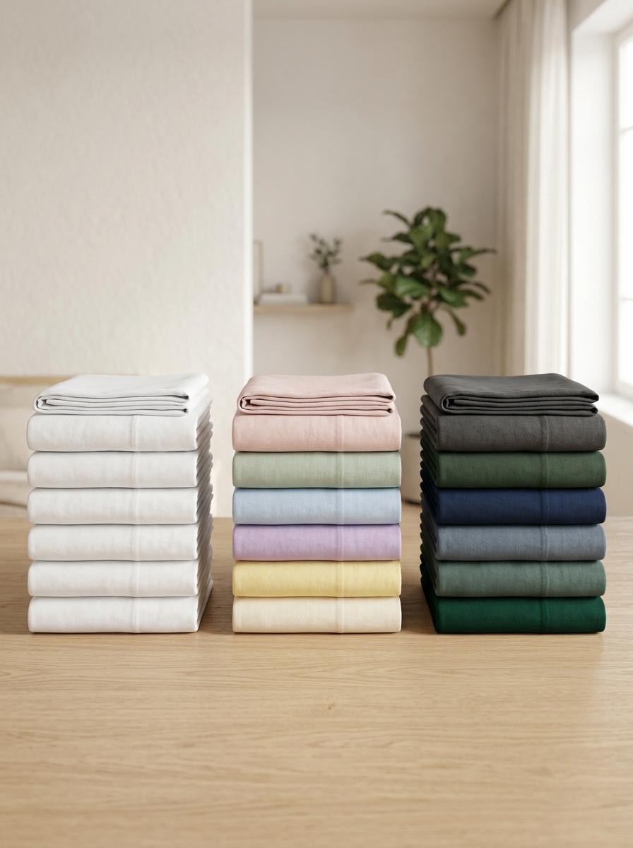 Trois piles de draps pliés, triées par couleur : une pile de draps blancs, une de couleurs claires et une de couleurs foncées.