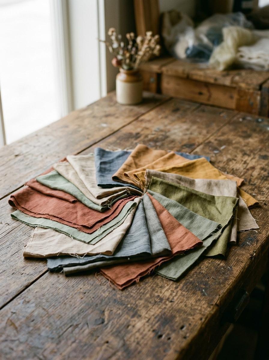 Échantillons de tissu Tencel de différentes couleurs terreuses étalés sur une table en bois, représentant le choix.