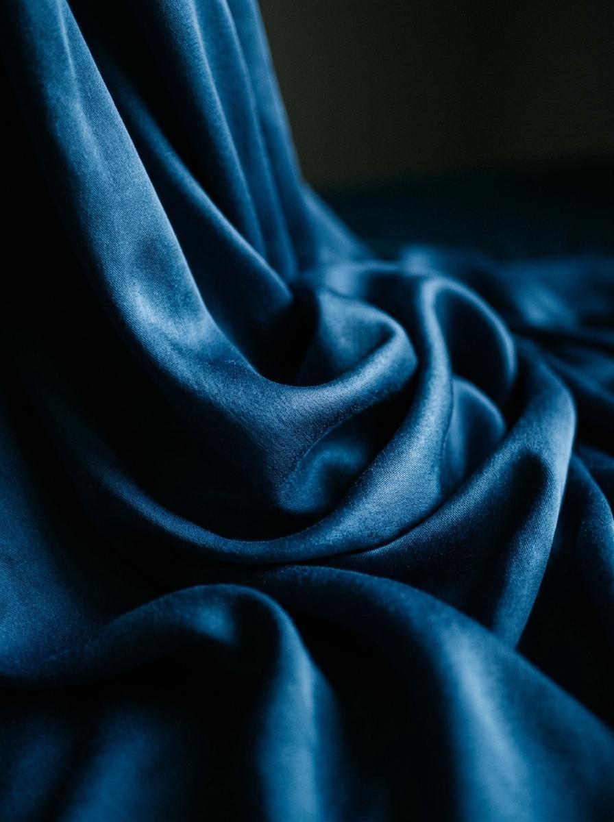 Gros plan sur le drapé doux et soyeux d'un tissu Tencel bleu foncé, mettant en valeur sa texture et sa fluidité.