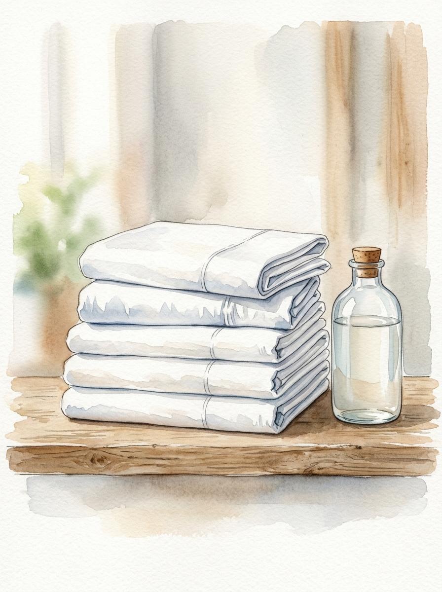 Illustration à l'aquarelle d'une pile de draps en Tencel propres et pliés, symbolisant un entretien facile et doux.