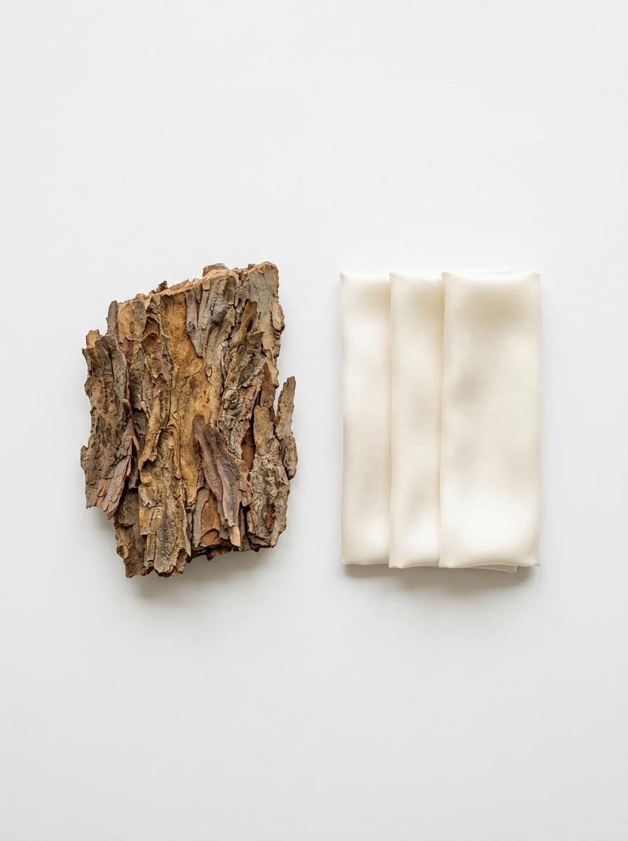 Un morceau d'écorce d'eucalyptus à côté d'un échantillon de tissu Tencel doux, illustrant l'origine végétale de la fibre.