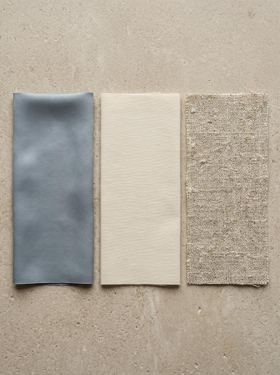 Comparaison de tissus côte à côte : la douceur du Tencel, le mat du coton et la texture rustique du lin, vus de dessus.