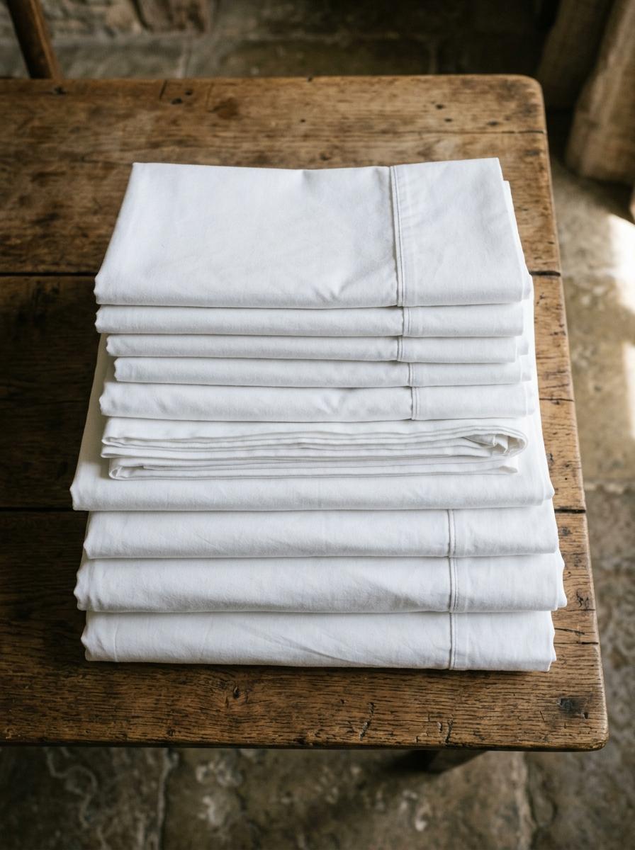 Pile de draps et de taies d'oreiller blancs, fraîchement lavés et soigneusement pliés, vus de dessus, représentant un plan d'action de nettoyage.