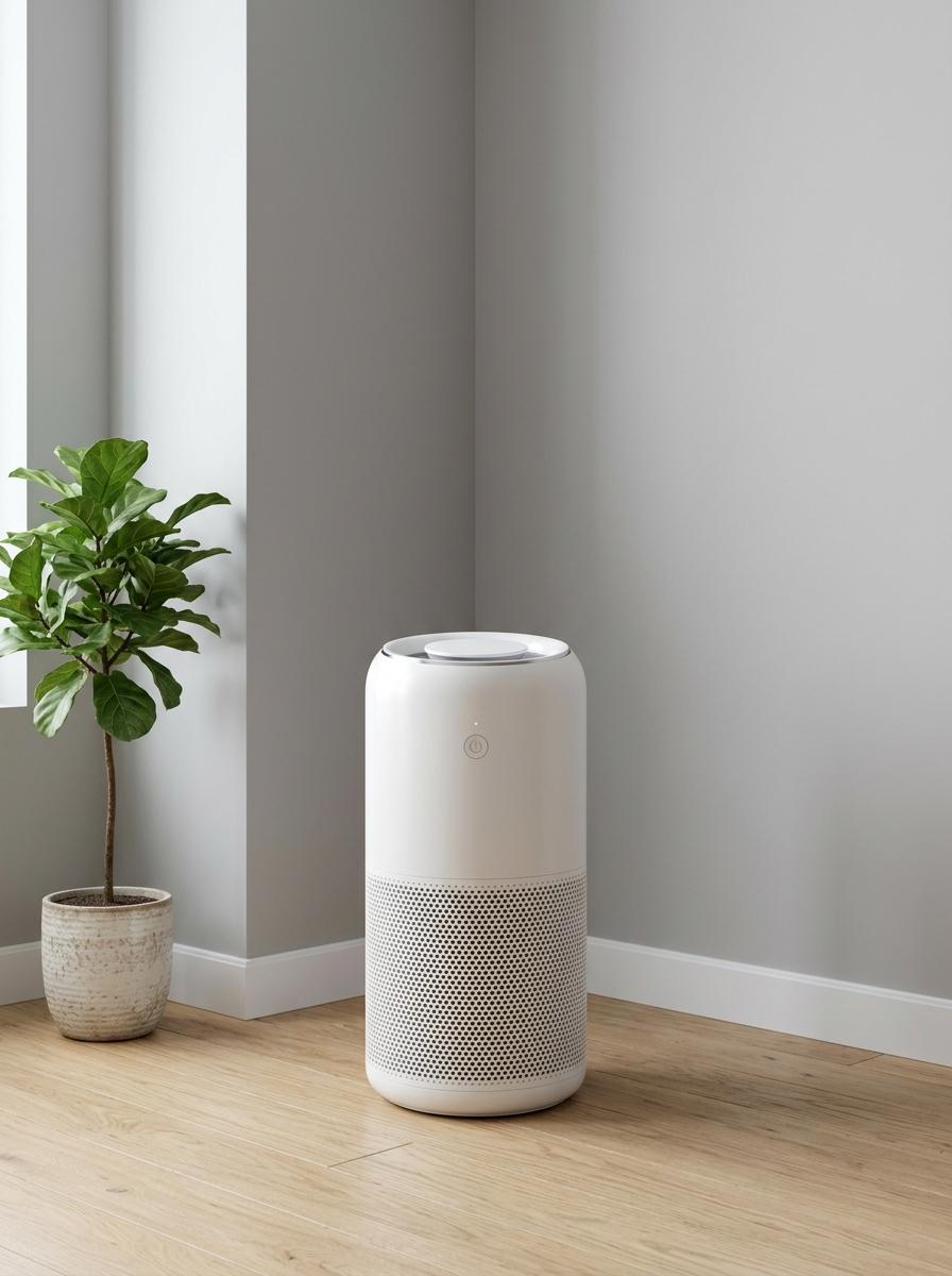 Un purificateur d'air blanc et moderne placé dans le coin d'une chambre pour auditer et améliorer la qualité de l'air.