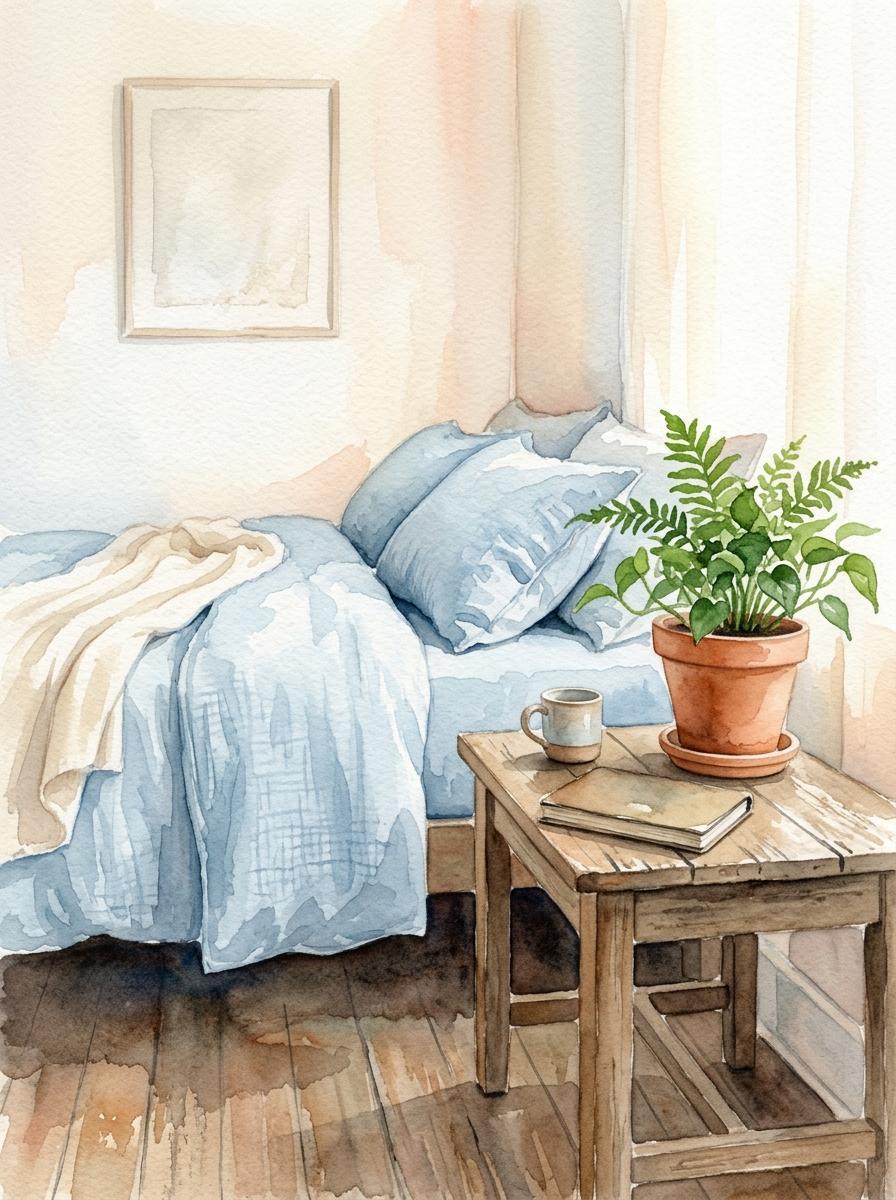 Illustration apaisante à l'aquarelle d'un coin de chambre serein avec une plante verte, évoquant des nuits enfin paisibles.