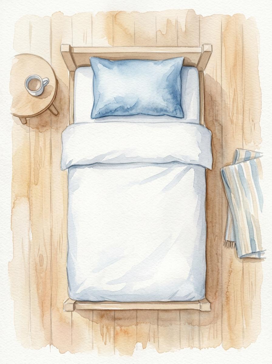 Une illustration en aquarelle vue de dessus d'un lit d'enfant fait, symbolisant un environnement de sommeil préparé et serein.