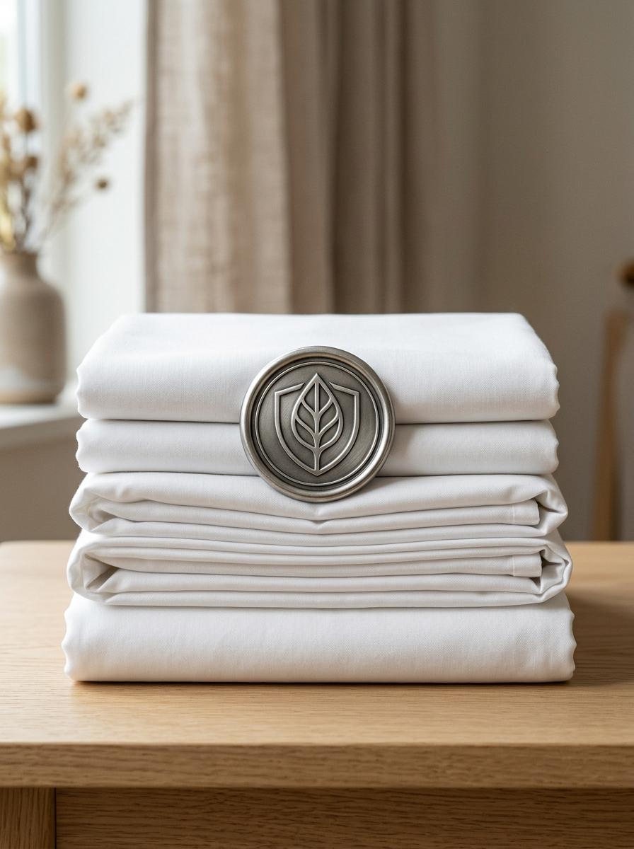 Une pile de draps propres sur laquelle repose un sceau de certification générique, symbolisant les labels de qualité comme Oeko-Tex.
