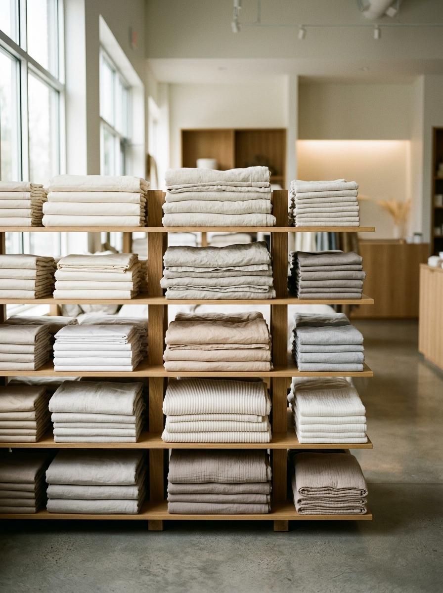 Une étagère de magasin avec des piles de draps de différentes matières naturelles, illustrant le processus de choix d'achat.