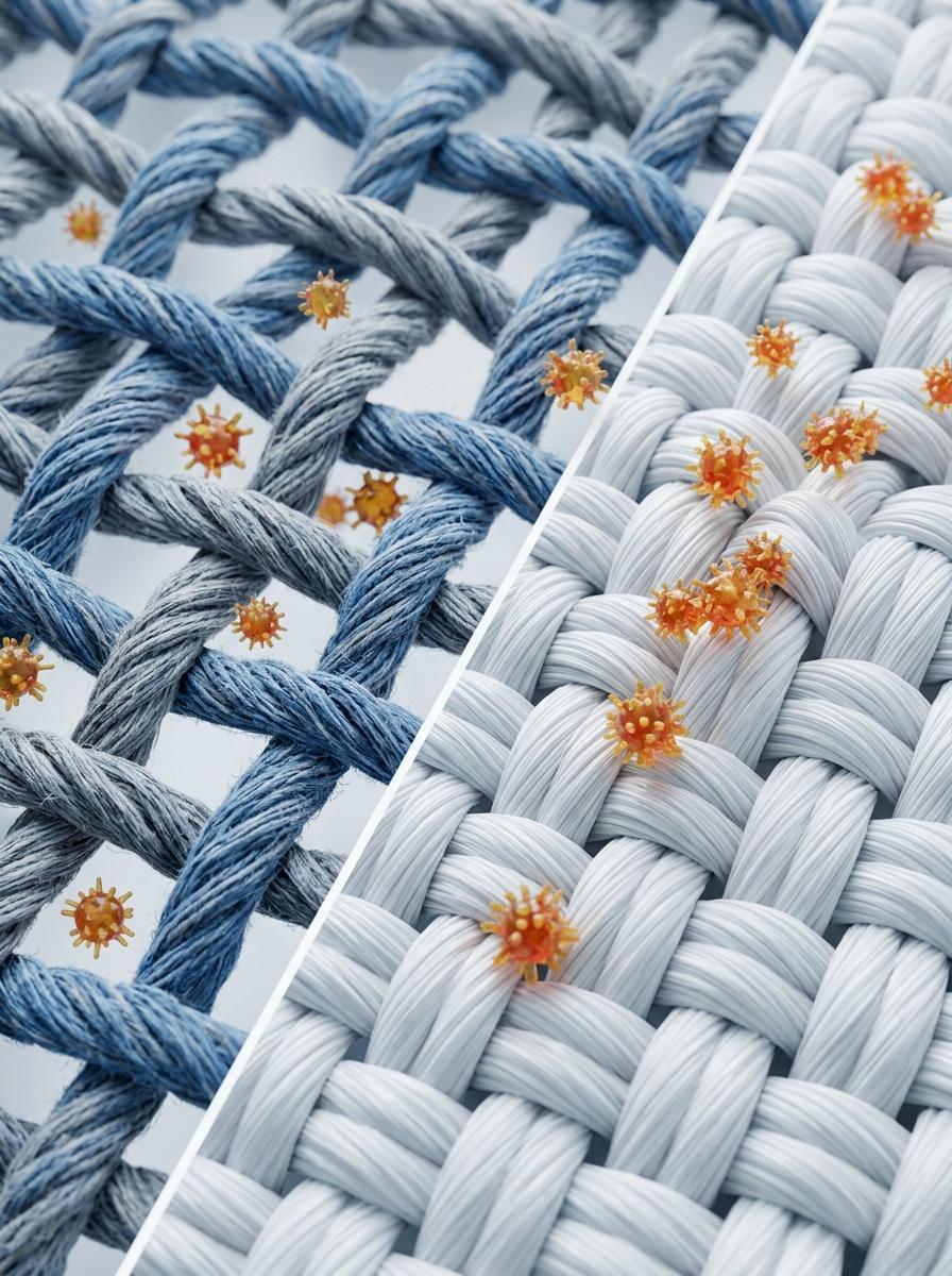 Une vue microscopique en 3D montrant des acariens et allergènes bloqués par le tissage serré d'un tissu hypoallergénique.