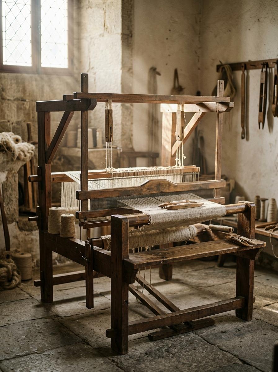 Ancien métier à tisser en bois dans un atelier portugais ensoleillé, symbolisant l'héritage textile.