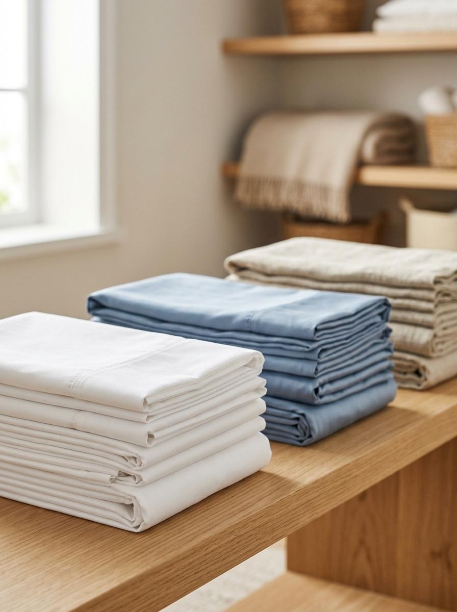 Piles de draps de lit de différentes couleurs et textures, soigneusement pliées sur une étagère en bois.