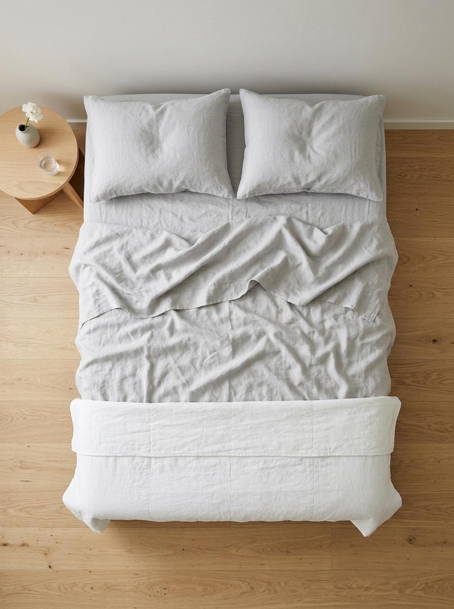 Vue de dessus d'un lit parfaitement fait avec des draps en lin frais, prêt pour une nuit d'été.