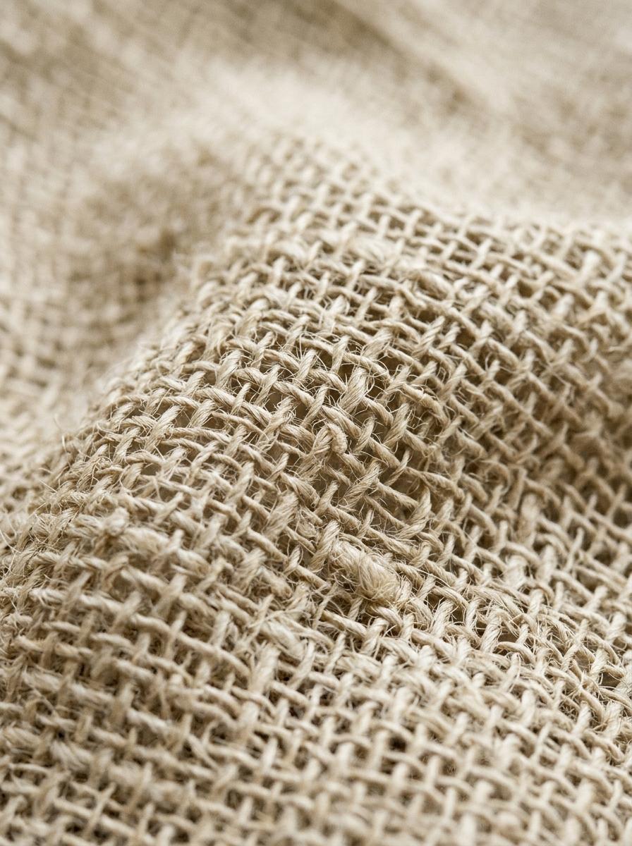 Gros plan macro sur la texture d'un tissu en lin naturel, montrant le tissage aéré et respirant.