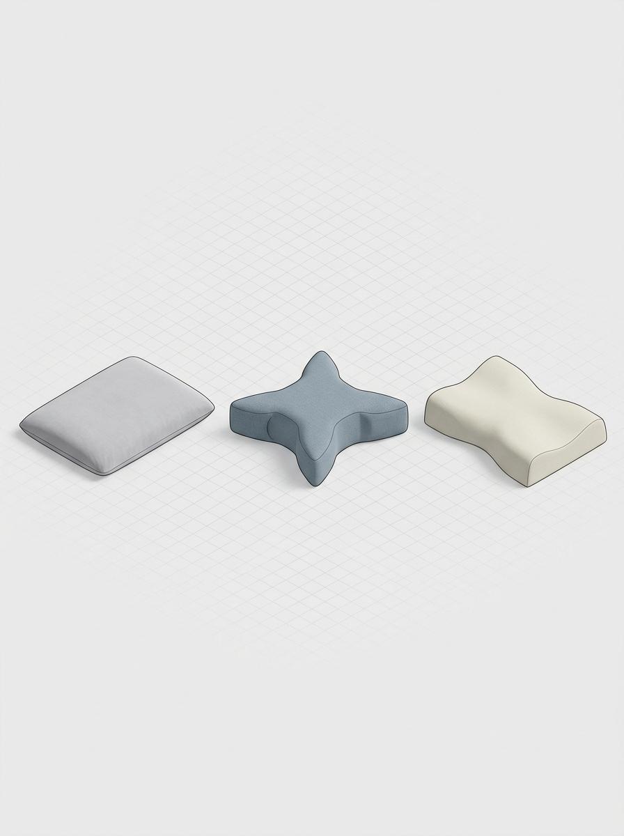 Illustration isométrique comparant trois formes d'oreillers ergonomiques : plat, en étoile, et en papillon.