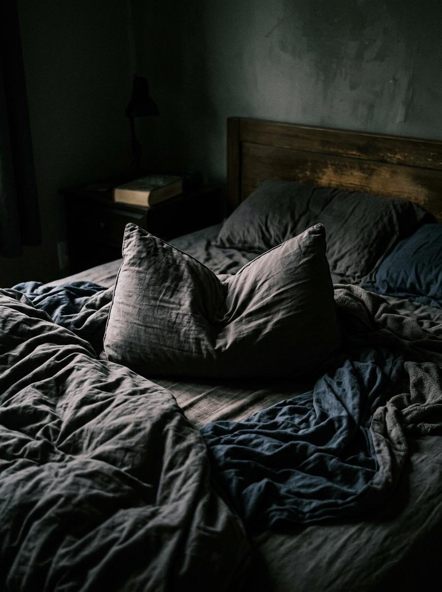 Un oreiller traditionnel, épais et gonflé, posé de manière inconfortable sur un lit, illustrant le problème pour les dormeurs sur le ventre.