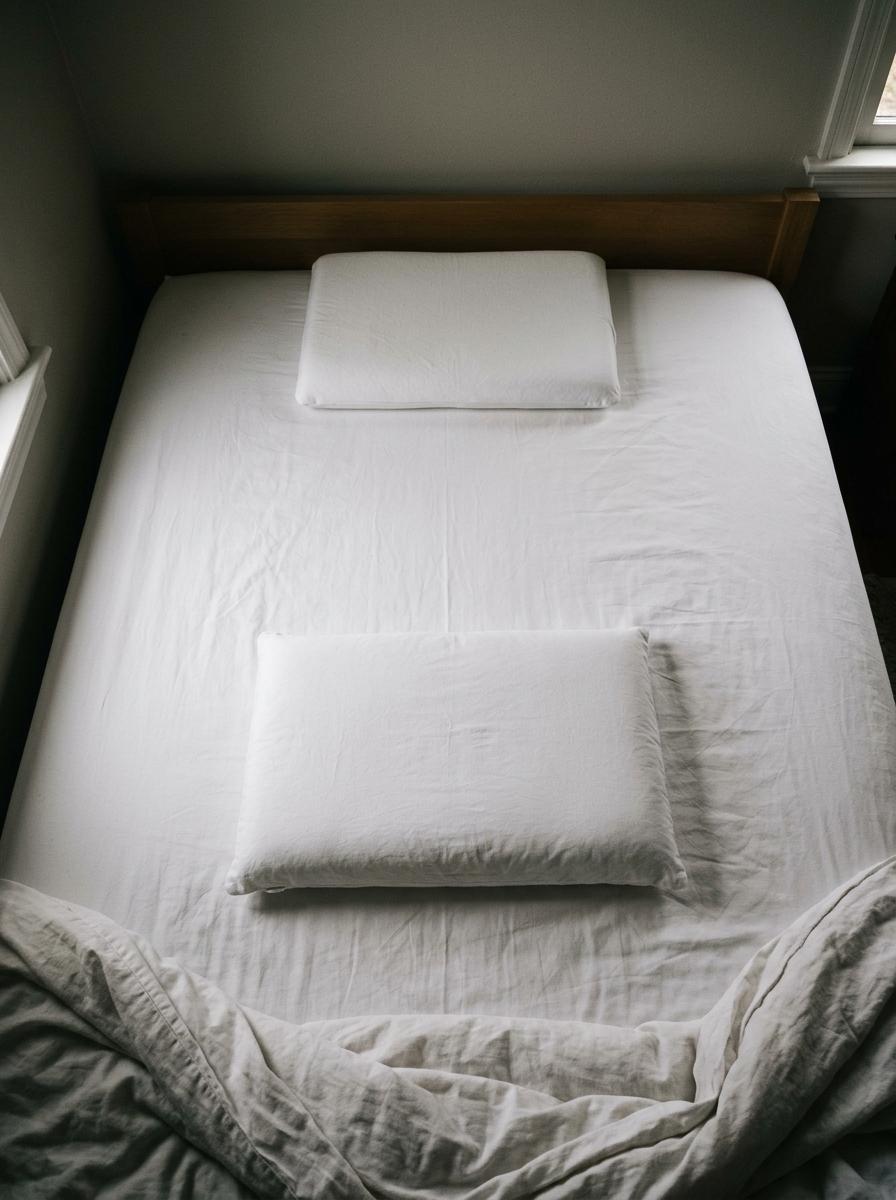 Vue de dessus d'un lit montrant un oreiller ergonomique plat pour la tête et un deuxième oreiller plat pour le bassin.