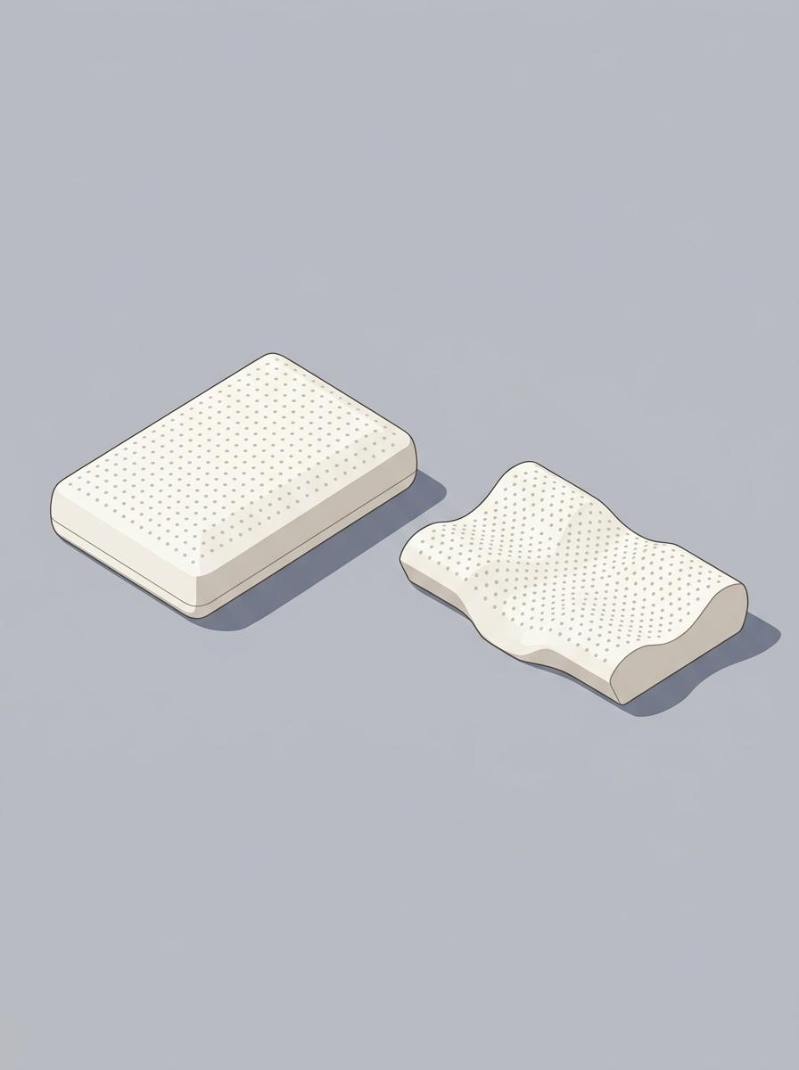 Comparaison de deux formes d'oreillers en latex : un rectangulaire classique et un ergonomique cervical.