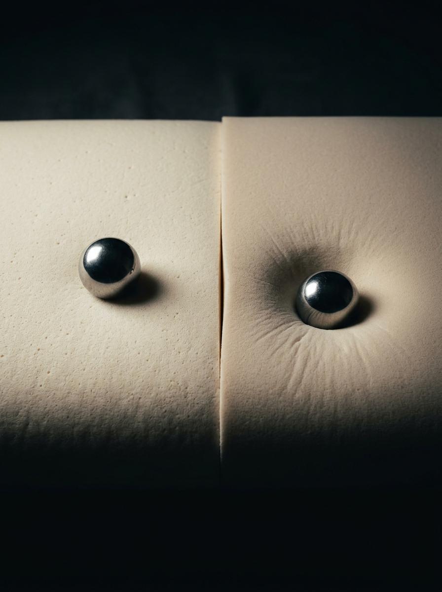 Comparaison visuelle : une bille d'acier rebondit sur un oreiller en latex et s'enfonce dans un oreiller à mémoire de forme.