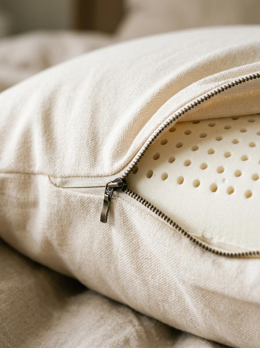 Oreiller en latex avec sa housse en coton biologique partiellement ouverte, montrant le noyau en latex.