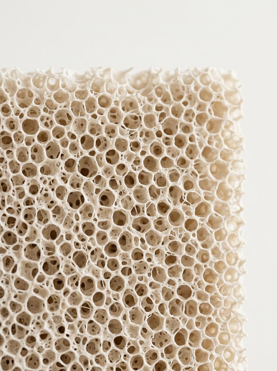 Vue macro de la structure alvéolaire et perforée d'un bloc de mousse de latex naturel.