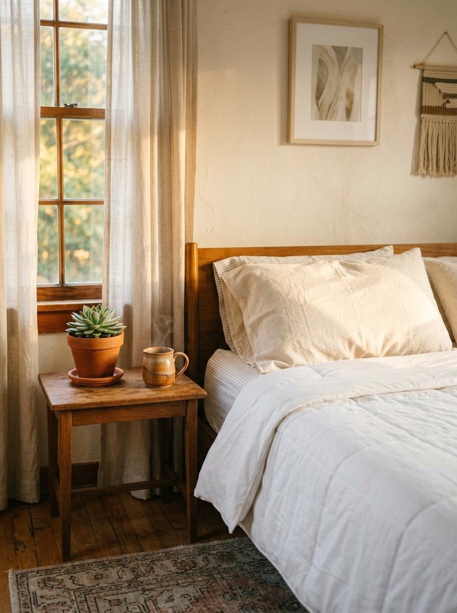 Un coin de chambre confortable avec un oreiller en latex sur le lit, prêt pour une nuit de sommeil paisible.