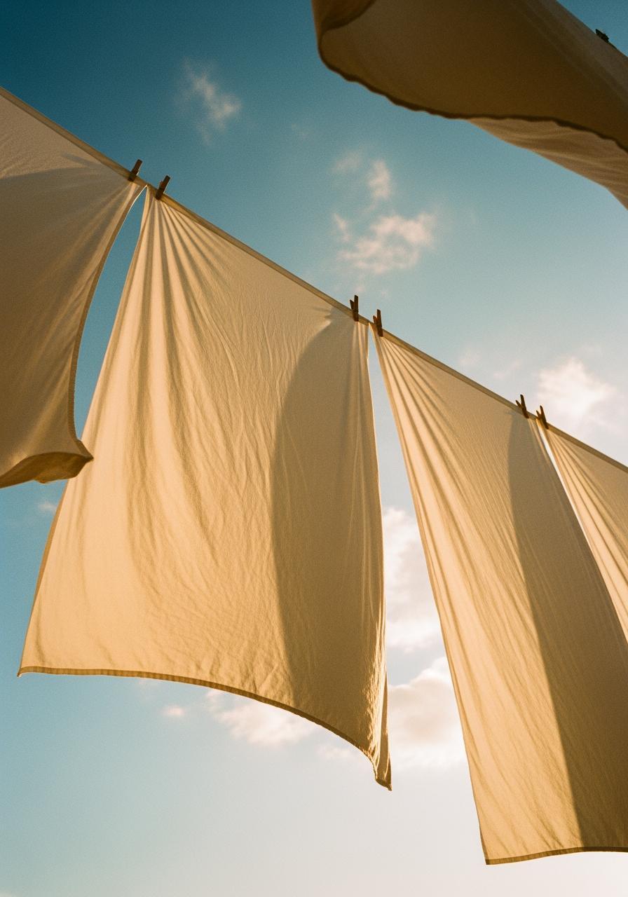Des draps blancs séchant sur une corde à linge, flottant doucement dans le vent sous un ciel ensoleillé.