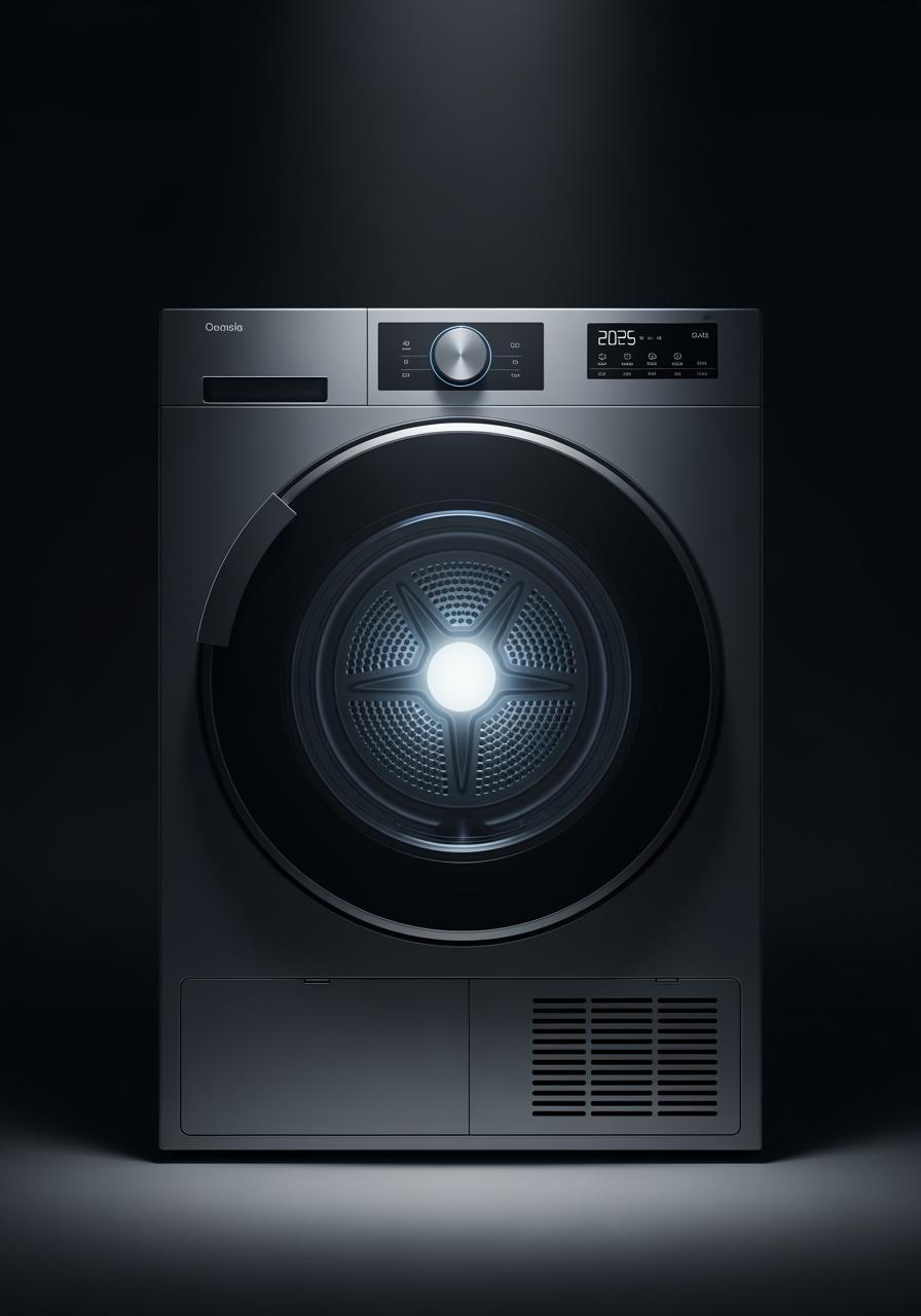 Un sèche-linge au design futuriste et minimaliste, avec une porte en verre éclairée par une lumière LED, représentant la technologie de 2026.