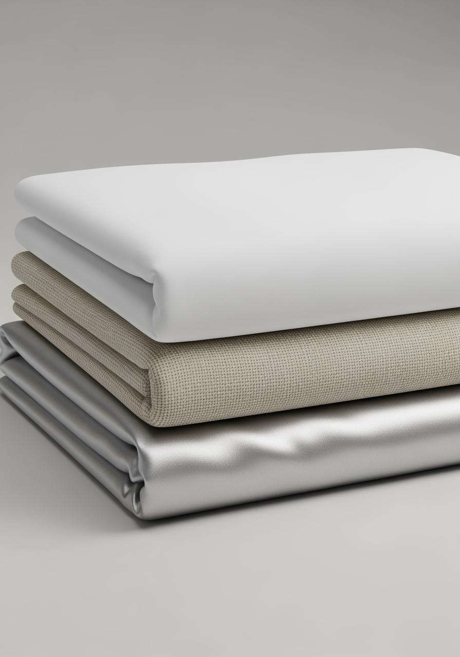 Une pile de tissus pliés montrant les textures distinctes du coton, du lin et du Tencel™.
