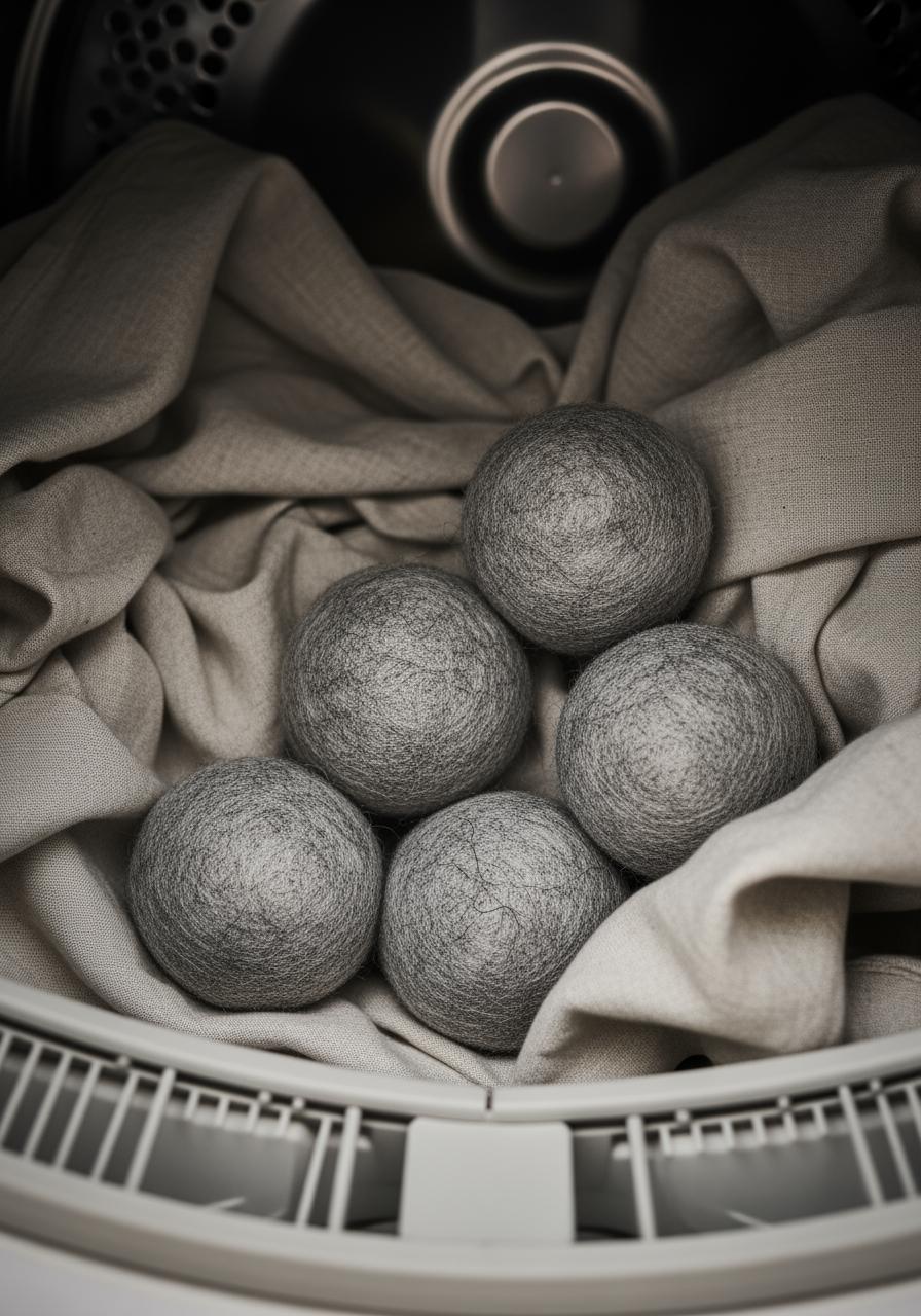 Plusieurs balles de séchage en laine nichées dans les plis d'un drap en lin à l'intérieur d'un tambour de sèche-linge.