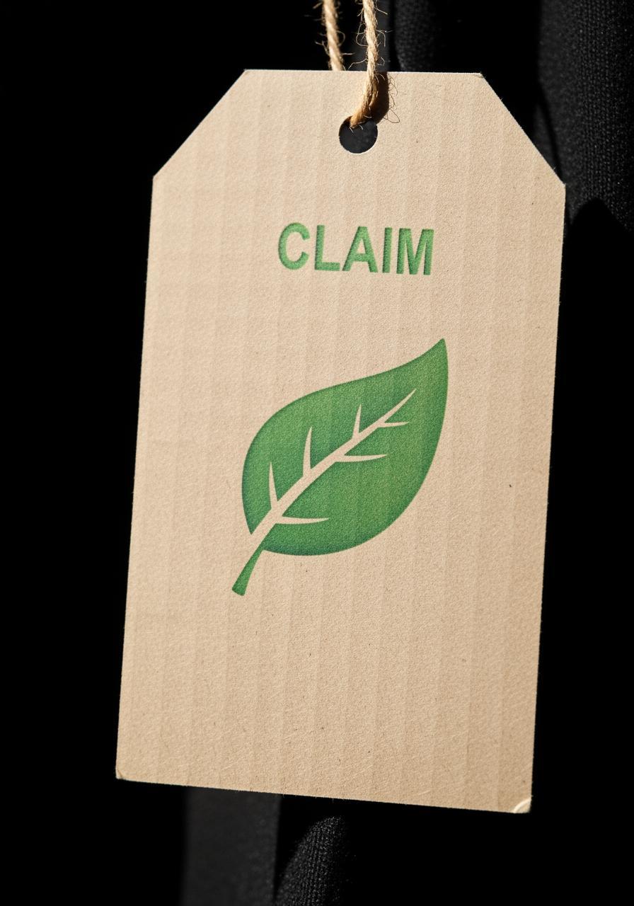 Gros plan sur une étiquette en carton avec une simple icône de feuille verte, représentant une allégation écologique vague.