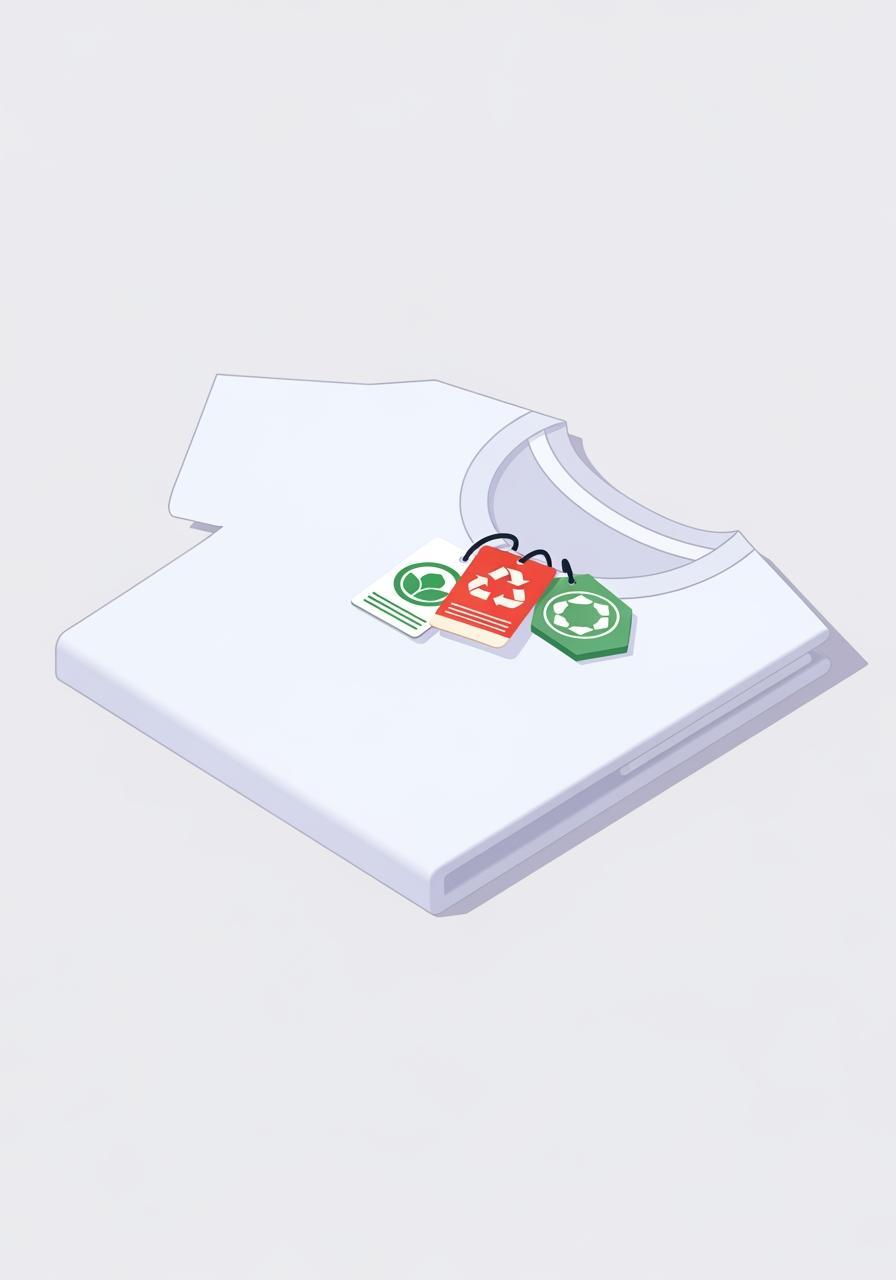 Illustration de plusieurs étiquettes de certification génériques sur un vêtement, symbolisant des labels fiables et vérifiés.