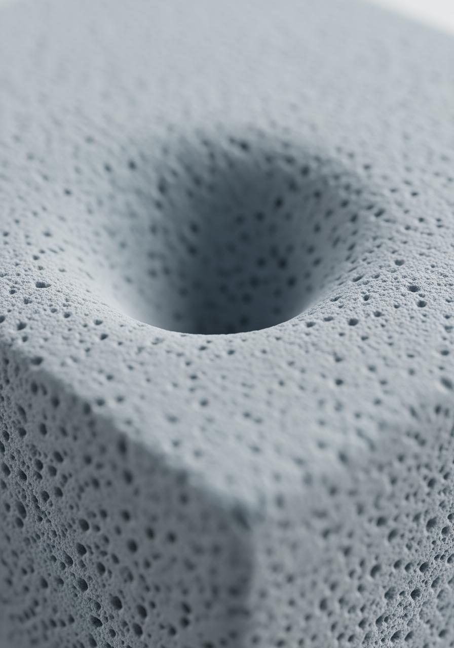 Prise de vue macro d'une surface de mousse à mémoire de forme montrant sa texture et une légère empreinte, illustrant ses propriétés de soutien.