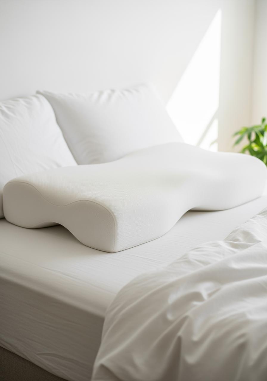 Un lit parfaitement fait dans une chambre sereine, avec un oreiller ergonomique neuf bien en vue, symbolisant la solution trouvée pour un sommeil réparateur.