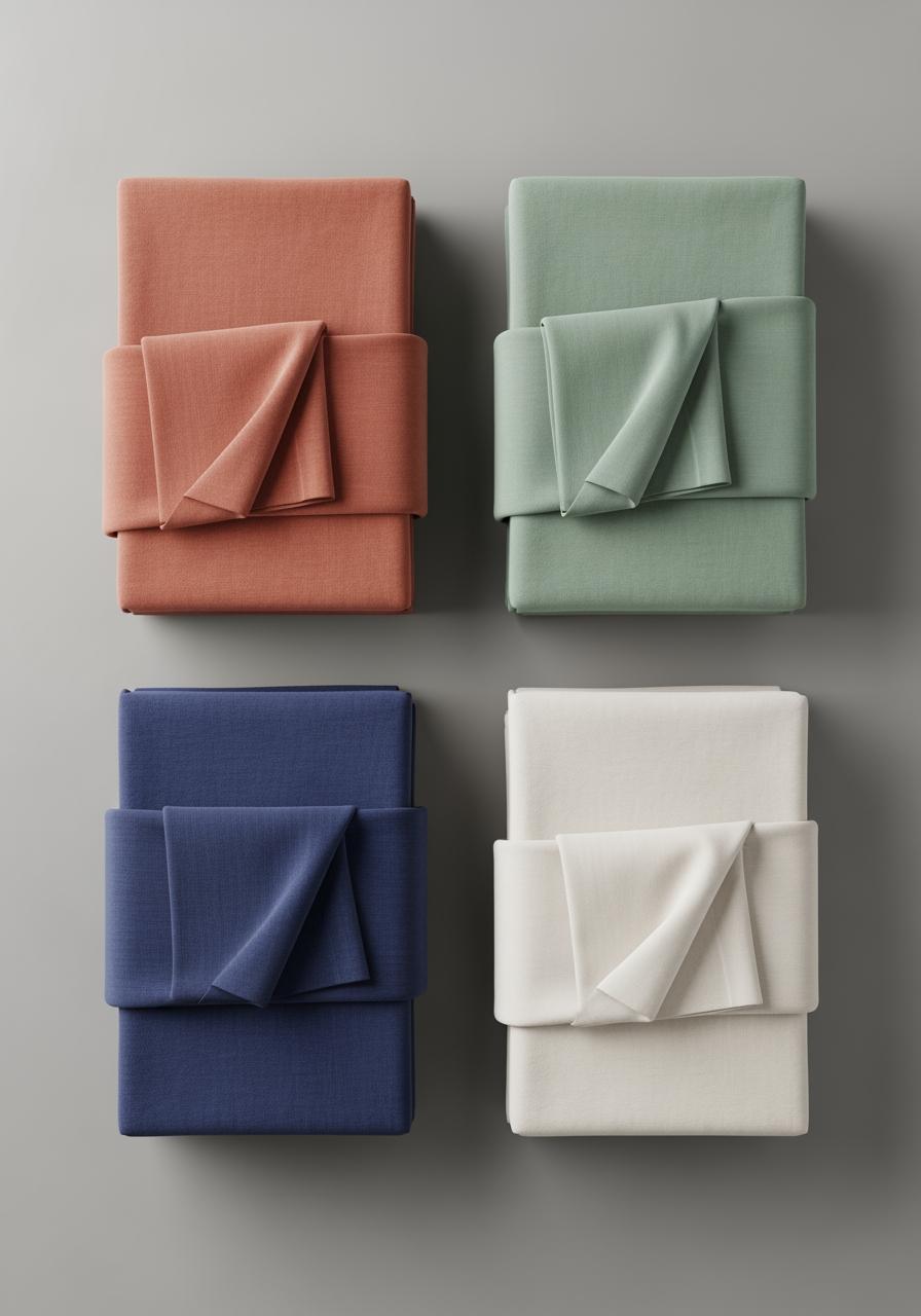 Vue de dessus de quatre piles de linge de lit de couleurs et textures différentes, soigneusement pliées pour un comparatif.